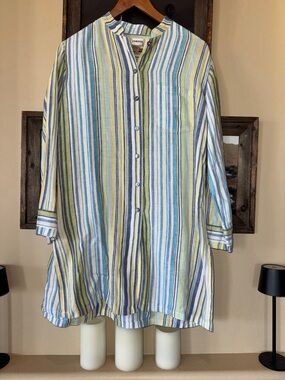Chico's Vertical Stripe Button-Front heavy linen tunic, White size 1
